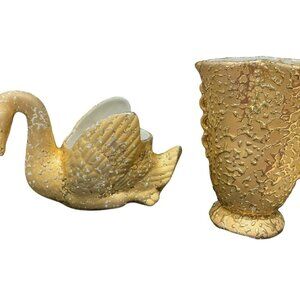 Weeping Bright 22k Gold Paint 9” Swan and 6" Vase Hand Decorated